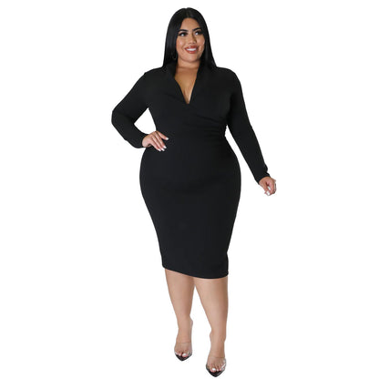 Casual V-Neck Long Sleeve Dress In Solid Colors