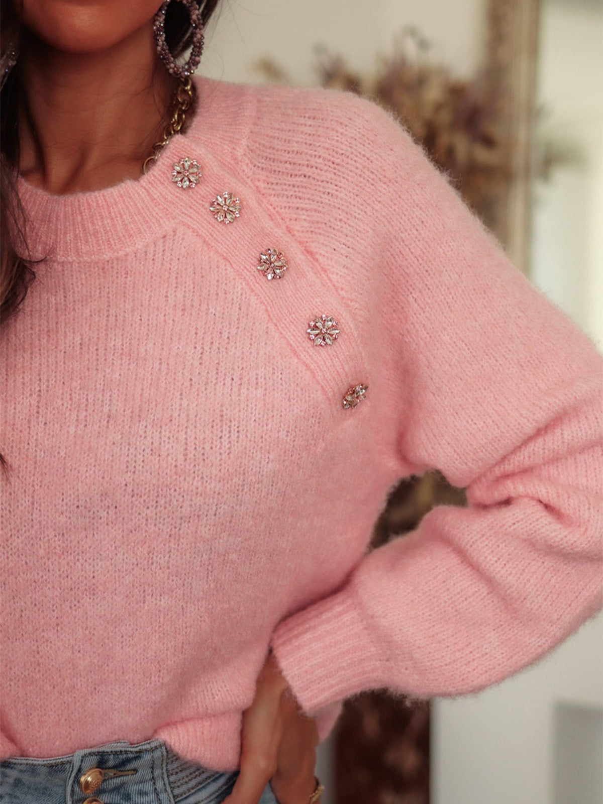 Elegant Round Neck Raglan Sleeves Knit Sweater