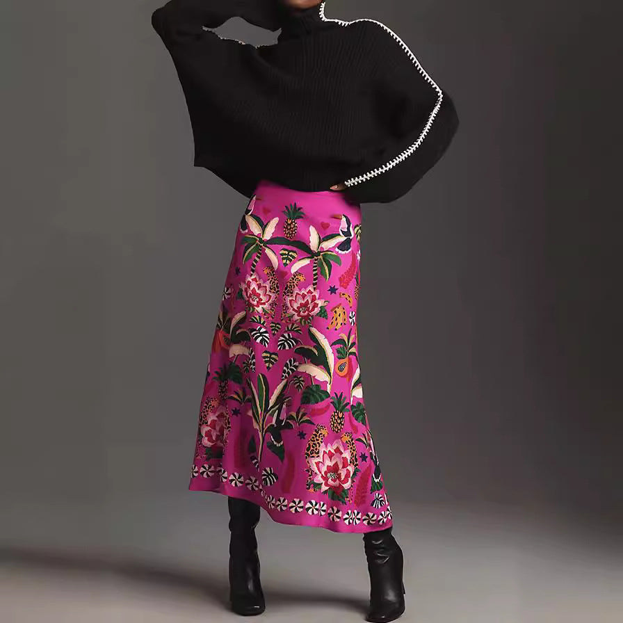 Retro Tropical Plant Print A-Line Skirt for Women