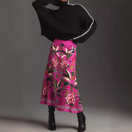 Retro Tropical Plant Print A-Line Skirt for Women