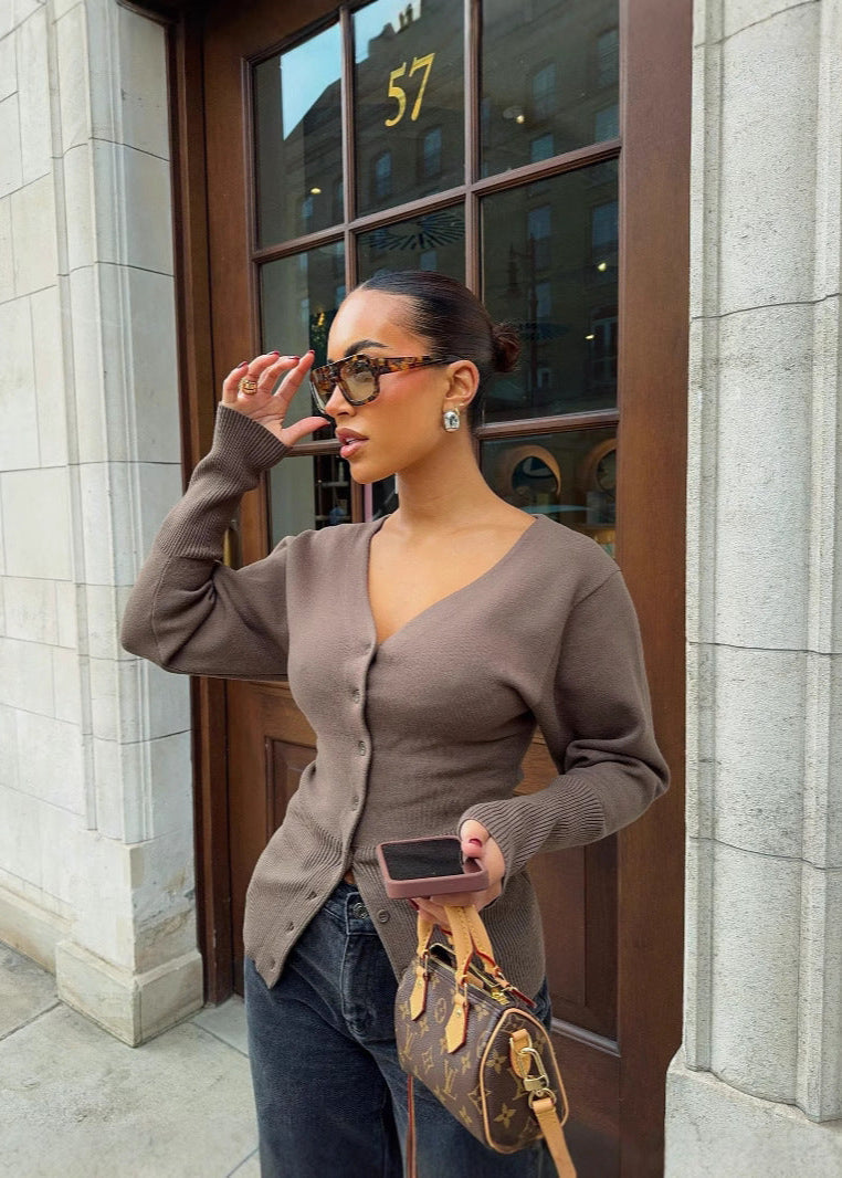 Button Up Knit Cardigan In Coffee Color