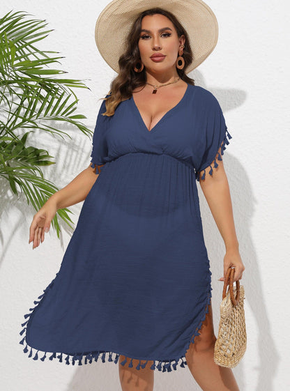 Plus Size Women'S Beach Vacation Bikini Cover-Up With Fringe Deep V Waist Cinching Dress