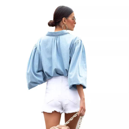 Womens Casual Denim Shirt with Puff Sleeves