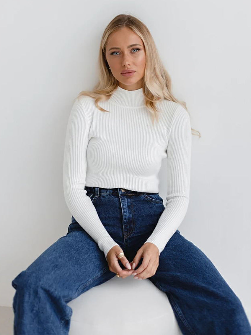 Solid Color Mock Neck Sweater Women Trendy Slim Fit Long Sleeve