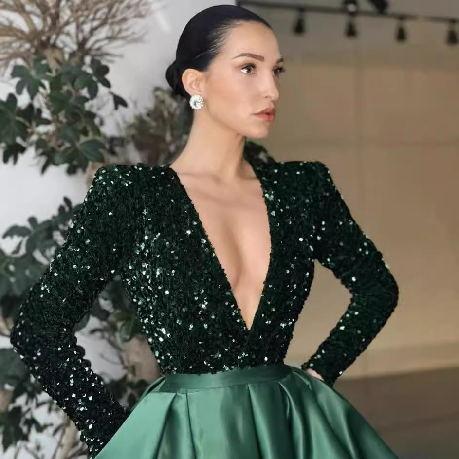 Sequined Deep V-Neck A-Line Evening Gown With Long Sleeves