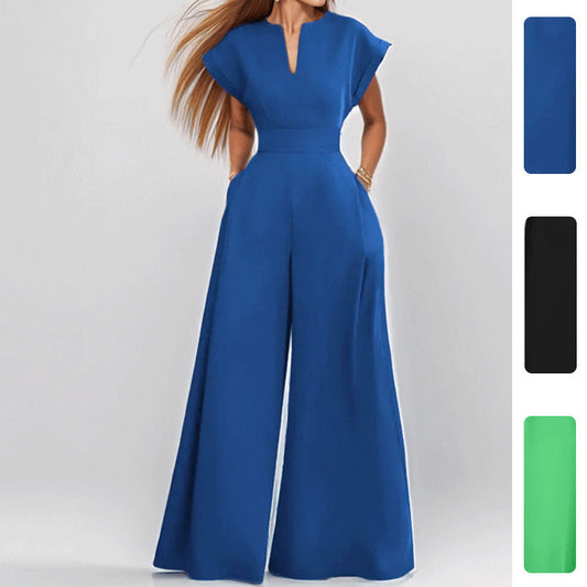 Elegant Solid Color High-Waisted V-Neck Wide-Leg Jumpsuit