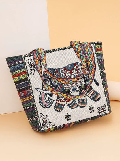 Tote Bag Women'S Bag Going Out Canvas Bag Double-Sided Casual Embroidery Large-Capacity Handbag Ethnic Style Small Square Bag