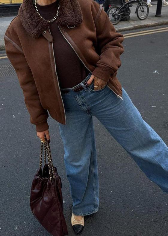Faux Suede Aviator Style Shearling Jacket Brown