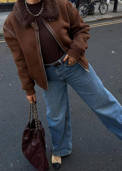 Faux Suede Aviator Style Shearling Jacket Brown