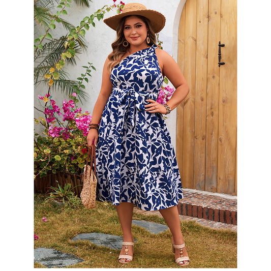Asymmetrical Shoulder Floral Print Dress for Women