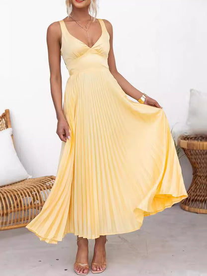 Elegant Yellow Satin A-Line Dress With V-Neck