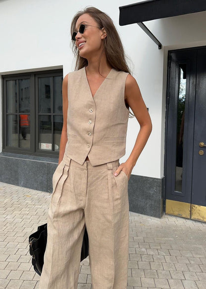 Linen Vest And Wide Leg Pants Set With Tailored Design