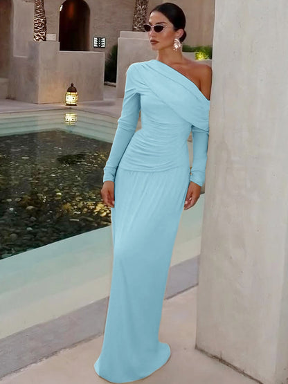 Elegant Off-Shoulder Solid Color Dress with Ruched Waist