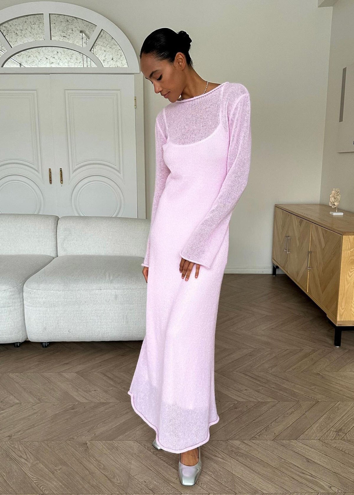 Sheer Knit Layered Maxi Dress Soft Pink