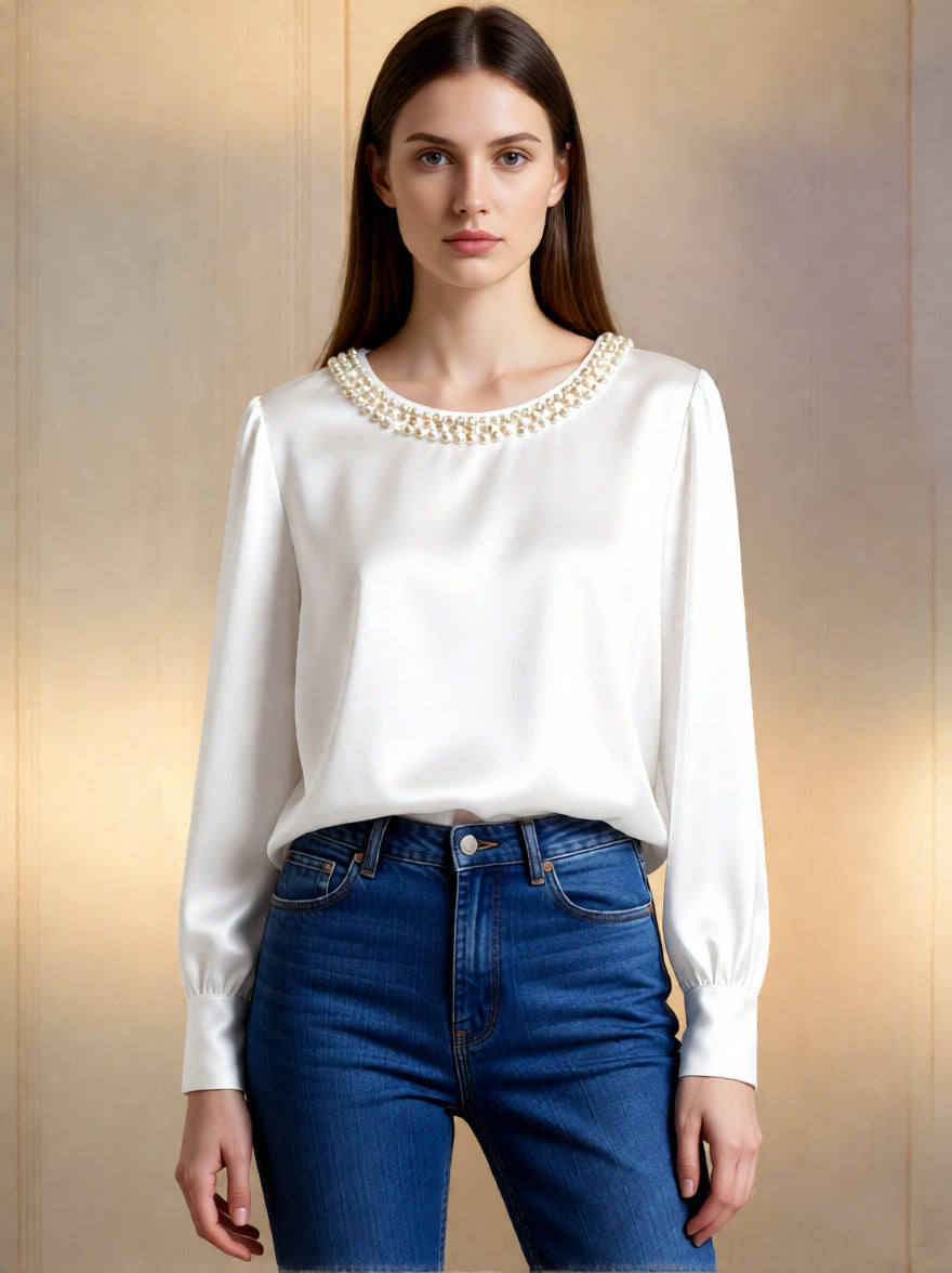 womens luxe satin pearl collar blouse fitting long