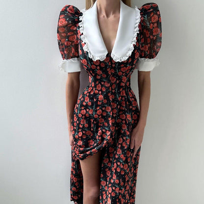 French Floral Print A-Line Dress With Peter Pan Collar