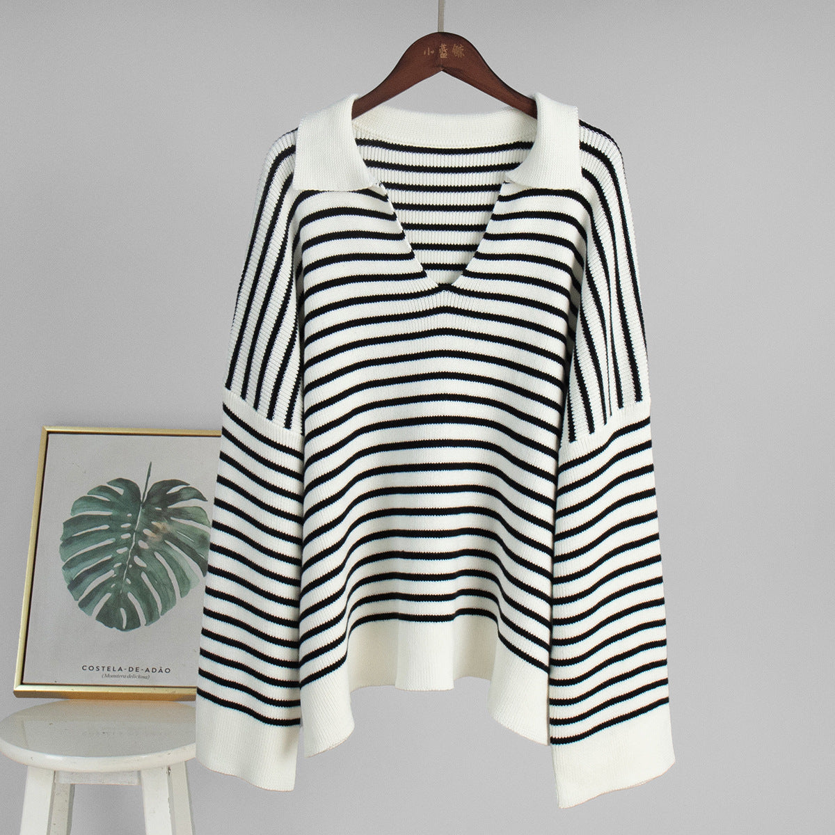 Black Striped Polo Sweater Casual Loose Knit Top