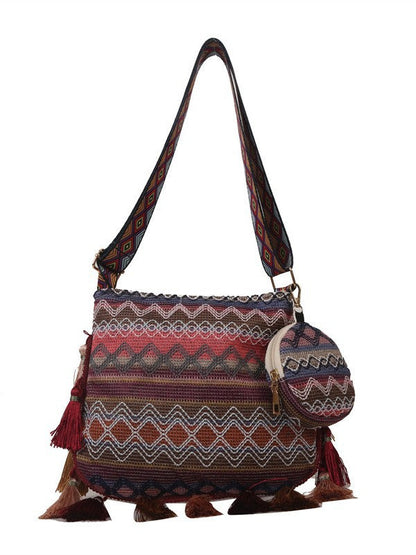 Ethnic Style Large Capacity Shoulder Bag Trendy Fringe Crossbody Bag