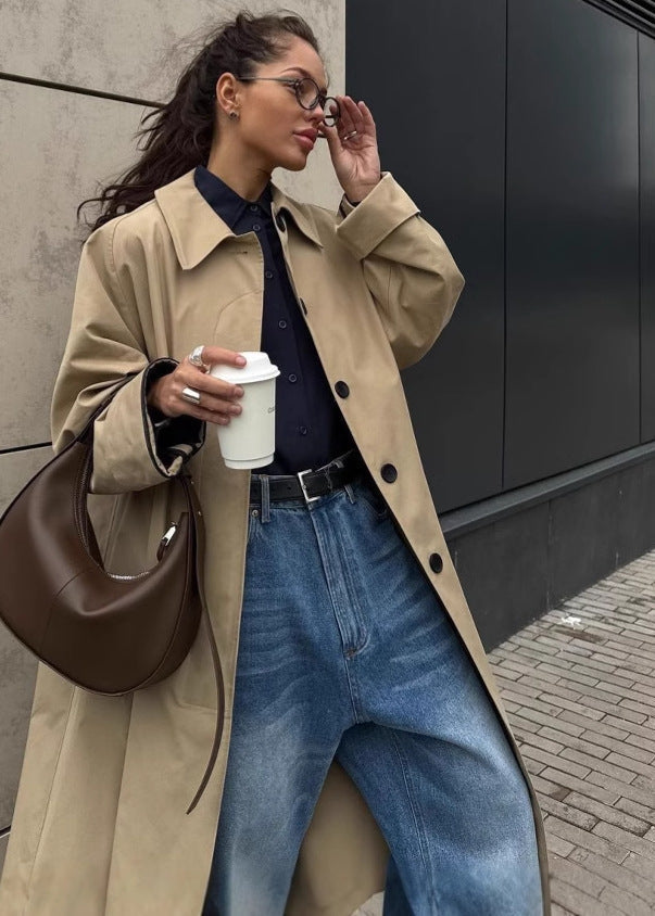 Oversized Trench Coat Durable Fabric Khaki