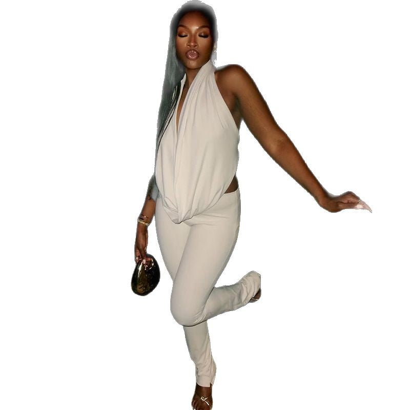 Backless Tie-Front Bodysuit And Slim Fit Pants Set