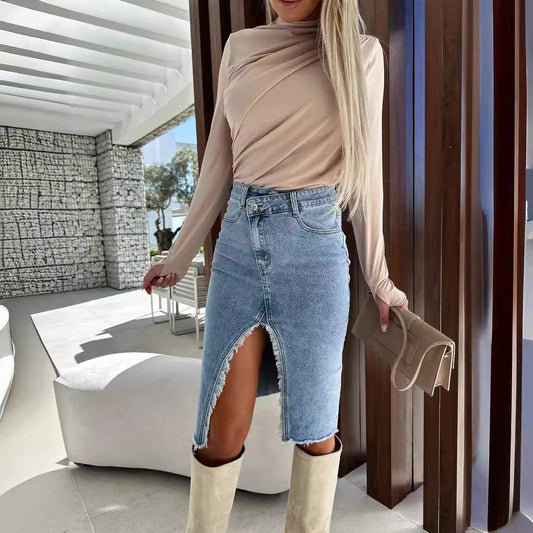 Fashionable Solid Color Denim Bodycon Skirt