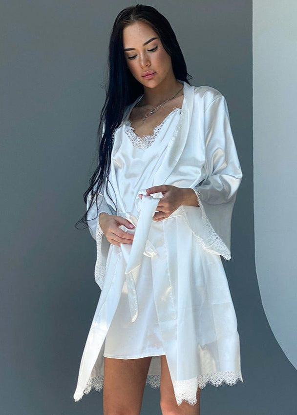 Satin Lace Nightwear Set With Slip Dress And Robe