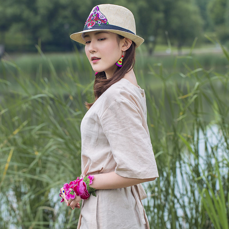 Embroidered Hat In Summer, Straw Hat, Women'S Top Hat, Tibetan Style, Sun Protection, National Style Embroidery In Summer And Autumn