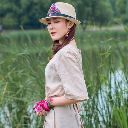 Embroidered Hat In Summer, Straw Hat, Women'S Top Hat, Tibetan Style, Sun Protection, National Style Embroidery In Summer And Autumn
