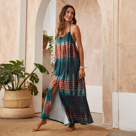 Bohemia Style Floral Summer Sling Dress Sexy V-Neck Print Dress Beach Dress