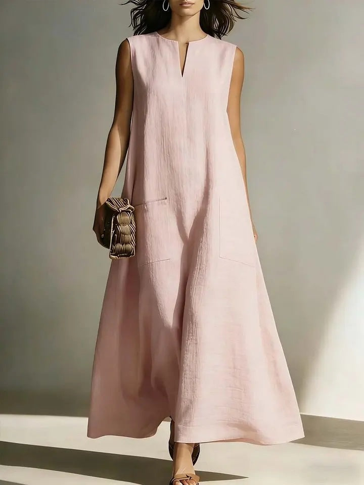 Linen Sleeveless Split Neck Pocket Tent Maxi Dress