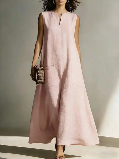 Linen Sleeveless Split Neck Pocket Tent Maxi Dress