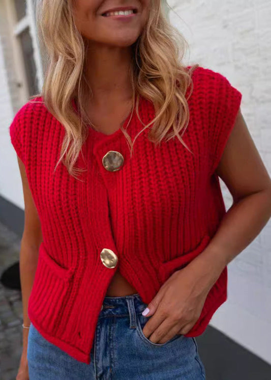 Chunky Knit Vest In Rich Red Texture