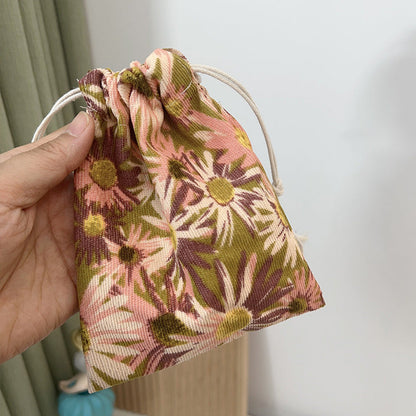 Mini Drawstring Corduroy Canvas Bag Portable Floral Storage Pouch