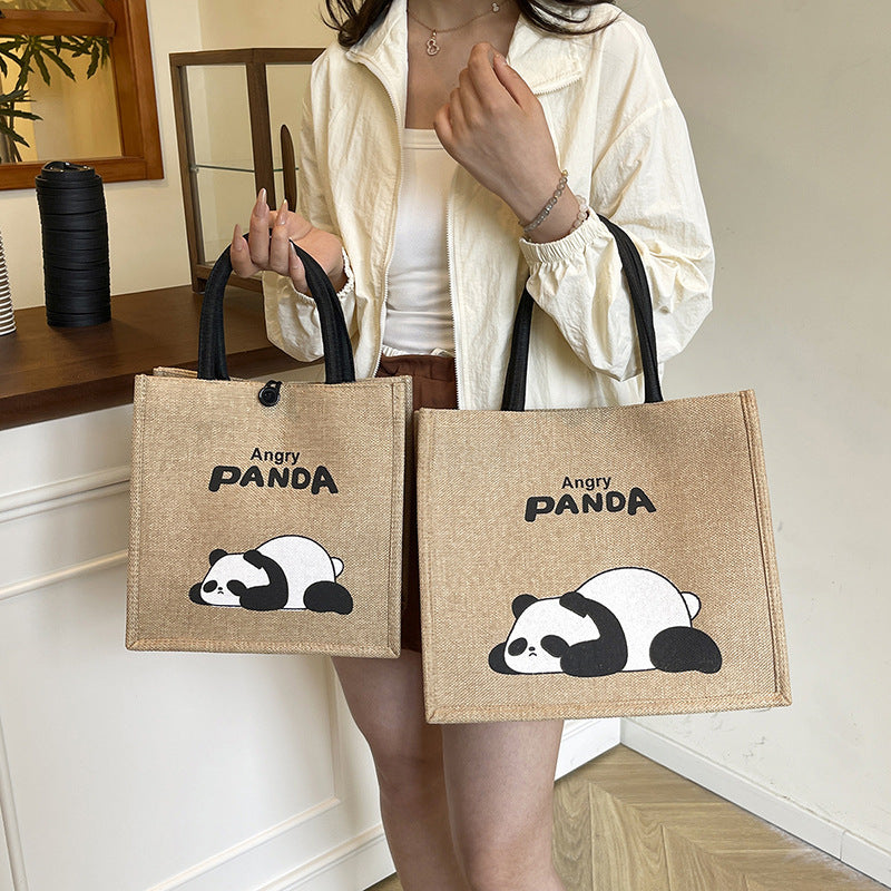 Portable Panda Canvas Tote Bag Cute Retro Shopping Bag