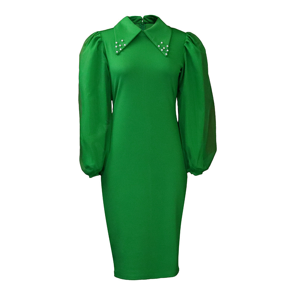 Pencil Skirt Dress With Beading And Mesh Panel
