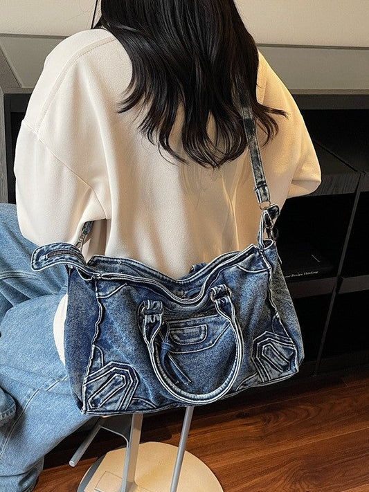 High Capacity Denim Motorcycle Bag Trendy Casual Shoulder Bag