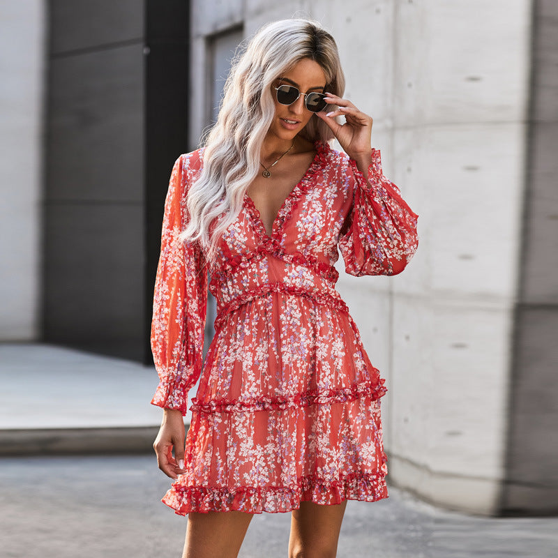 Dress Open Back Chiffon Waist Sexy High Waist Long Sleeve Floral Skirt Women