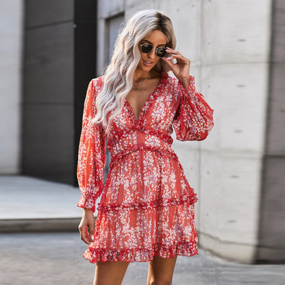 Dress Open Back Chiffon Waist Sexy High Waist Long Sleeve Floral Skirt Women