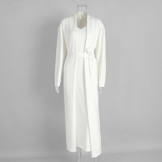 Knitted Long Sleeve Cardigan And Camisole Dress Set Soft Casual Ensemble