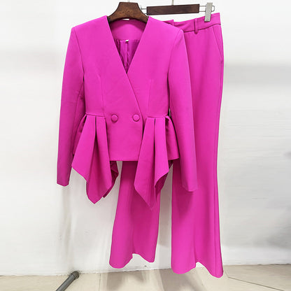 Designer Ruffled Top & Flared Pants Set - Elegant Casual Wear