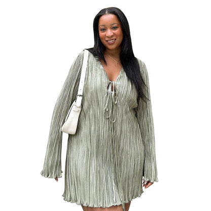 Elegant A-Line Tie Dress With Bell Sleeves