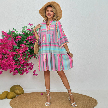 Women'S Clothing New Spring And Autumn Printing V-Neck Seven-Quarter Sleeve Dress