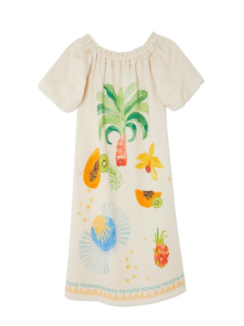 Floral Print Linen Off-Shoulder Maxi Dress