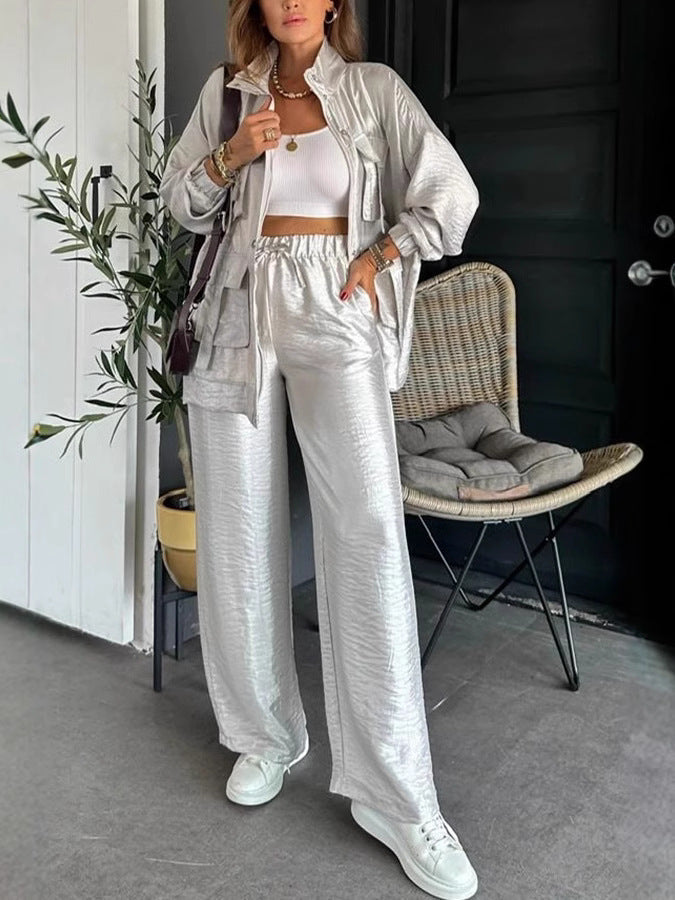 Fashionable Long Sleeve Solid Color Two-Piece Set with Straight-Leg Pants