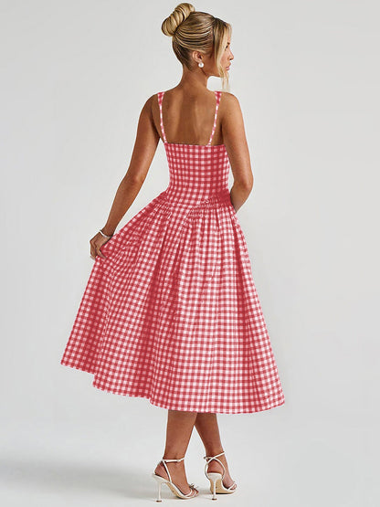 Stylish French Checkered Print Midi Dress with Backless Design