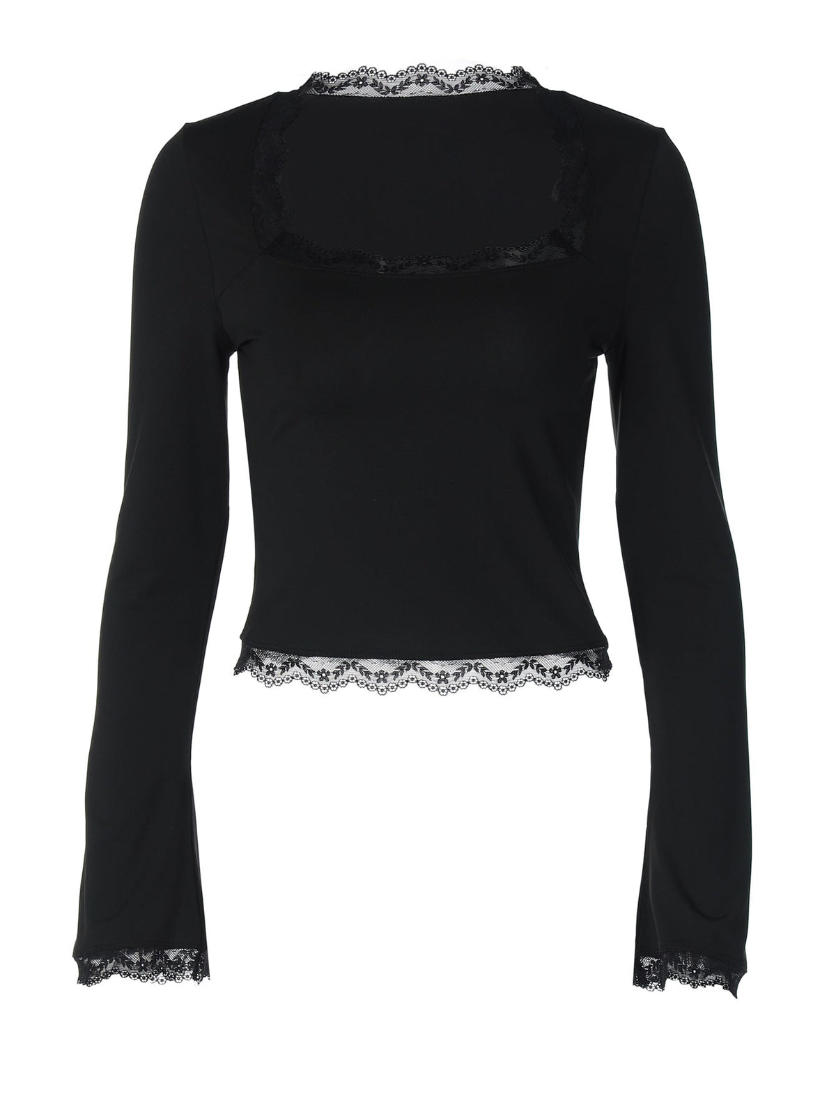 Trendy Lace-Trimmed Square Neck Long Sleeve Slim Fit Top