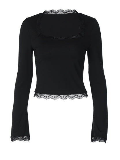 Trendy Lace-Trimmed Square Neck Long Sleeve Slim Fit Top