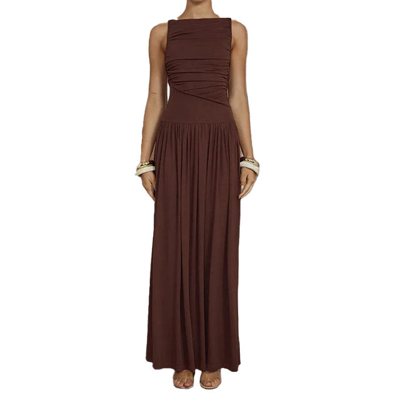 Elegant Solid Color Pleated Maxi Dress