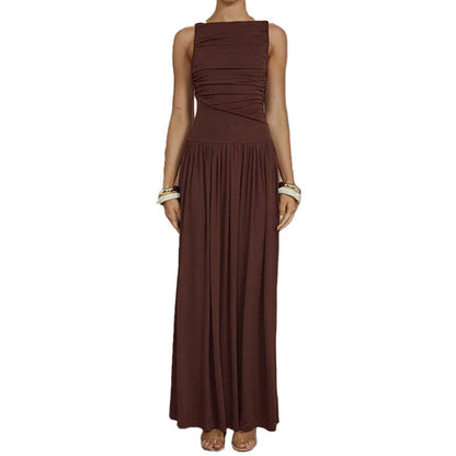 Elegant Solid Color Pleated Maxi Dress