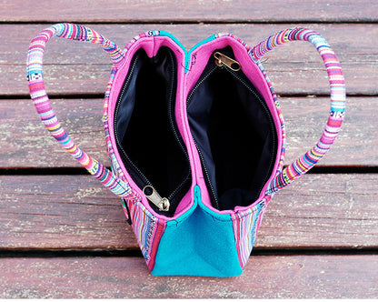New Ethnic Style Bag Women'S Handheld Double Pull Bag Versatile Small Square Bag Striped Hand Bag
